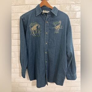 Vintage 90’s Zoo Giraffe Christine Alexander Blue Denim Shirt button Up L #1935